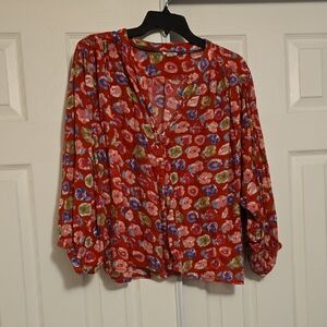 Pilcro Red Graphic Blouse with 3/4 Sleeves